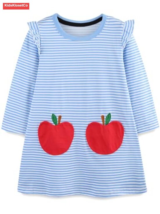Other - Cotton Long Sleeve Striped T-Shirt Dress with Apple Appliques